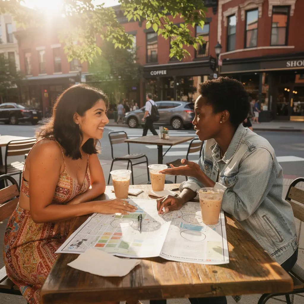 Grupa podróżników korzystająca z aplikacji do planowania wycieczek w malowniczej scenerii amerykańskiego krajobrazu.