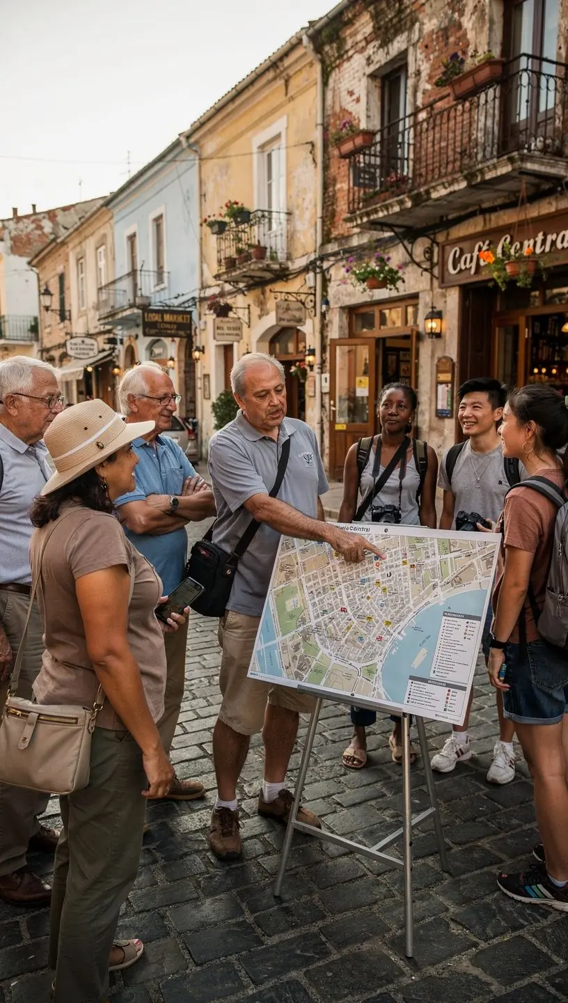 Grupa podróżnych planujących wspólną podróż, korzystających z mapy i notatek dotyczących harmonogramu.